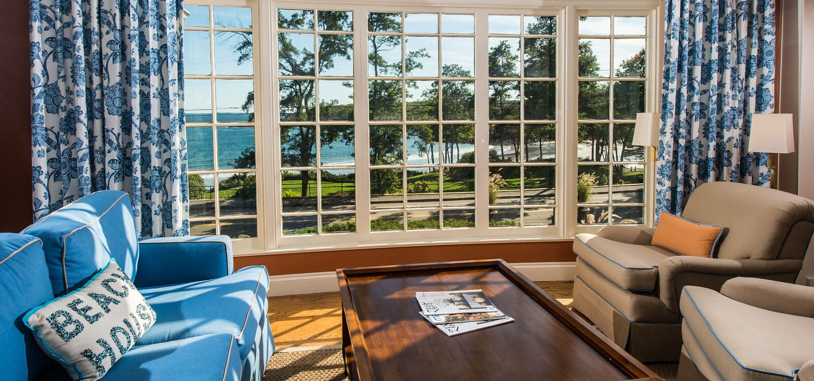 Harbor Cliffs Living Room with Blue Couch