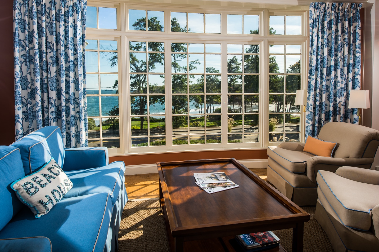 Harbor Cliffs Living Room with Blue Couch